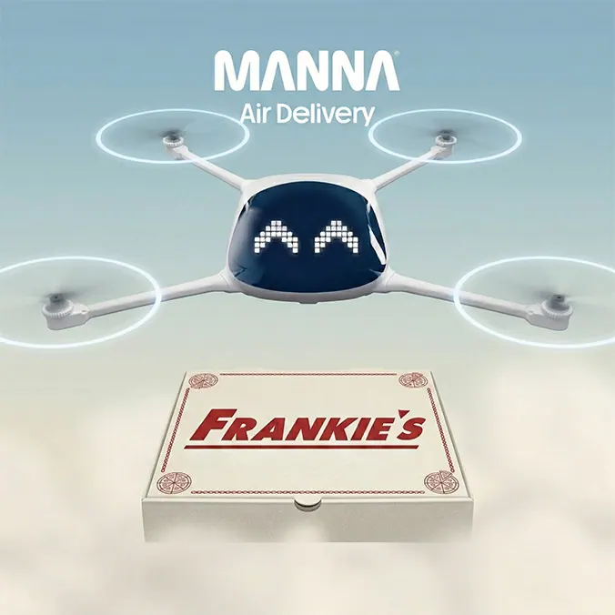 Frankie's pizza box arriving by Manna drone